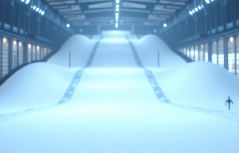 Wide shot of the indoor snow park slopes