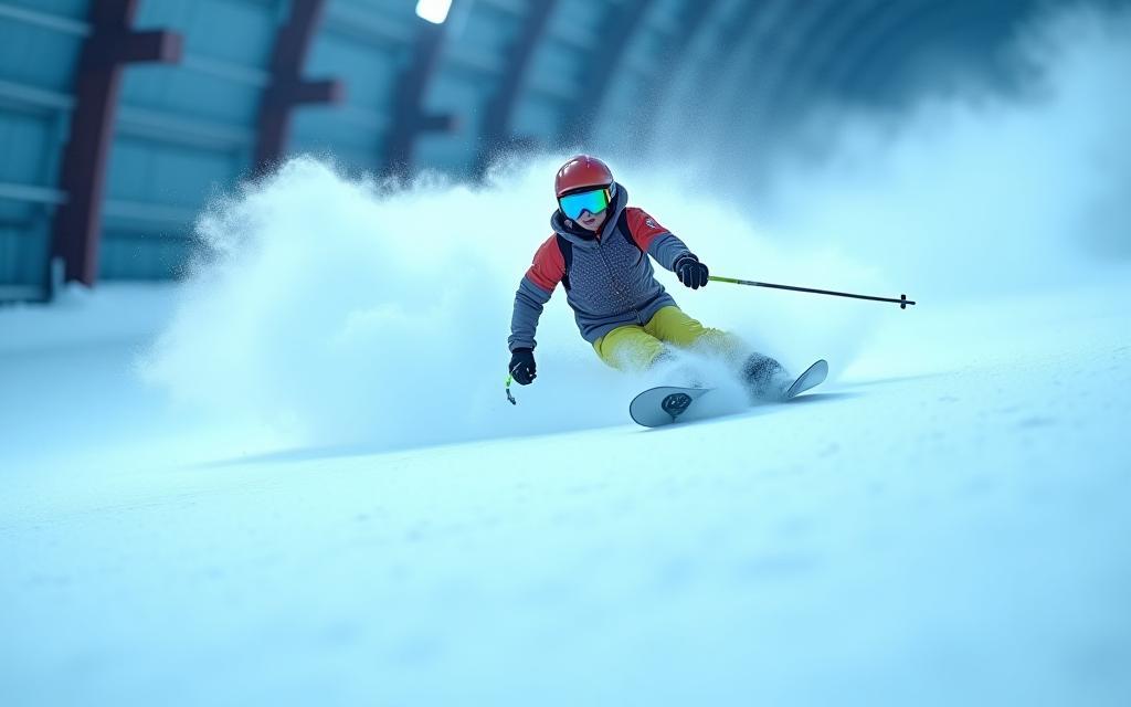 Skier performing a turn in an indoor snow park